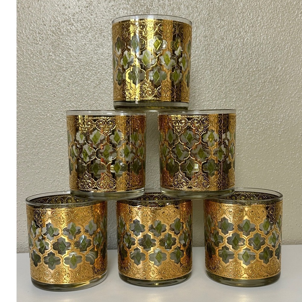 Culver Valencia 22k Gold Green Diamond Lowball Rocks Glasses Set of 6 MCM